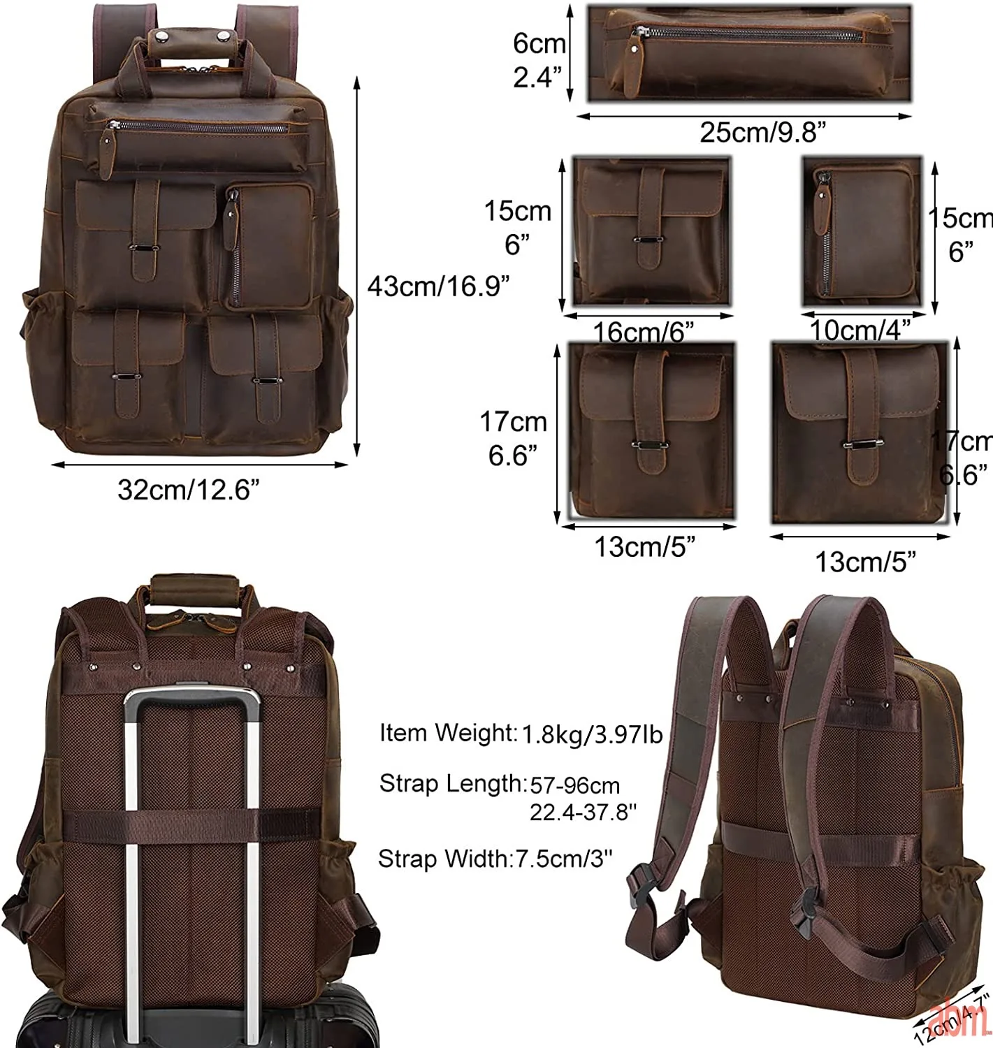 abm Handcrafted Brown Leather Rucksack for Men, Fits 15.6" Laptop - Perfect for School, Travel - Image 5