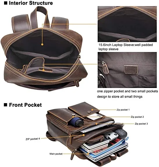 abm Vintage Leather Backpack, Travel Weekender Tote Shoulder Bag - Image 3