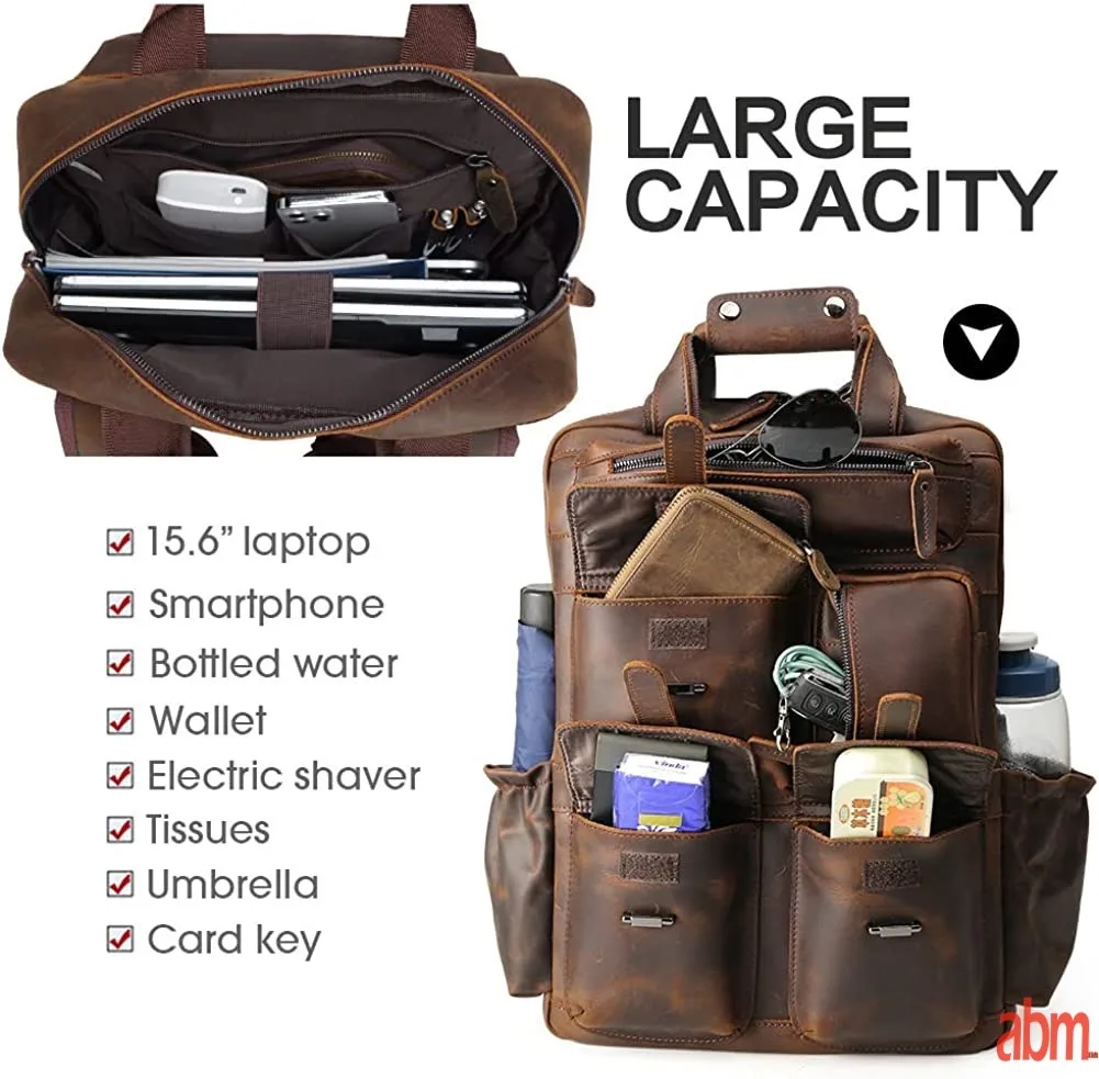 abm Handcrafted Brown Leather Rucksack for Men, Fits 15.6" Laptop - Perfect for School, Travel - Image 6