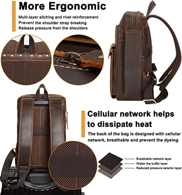 abm Vintage Leather Backpack, Travel Weekender Tote Shoulder Bag - Image 4