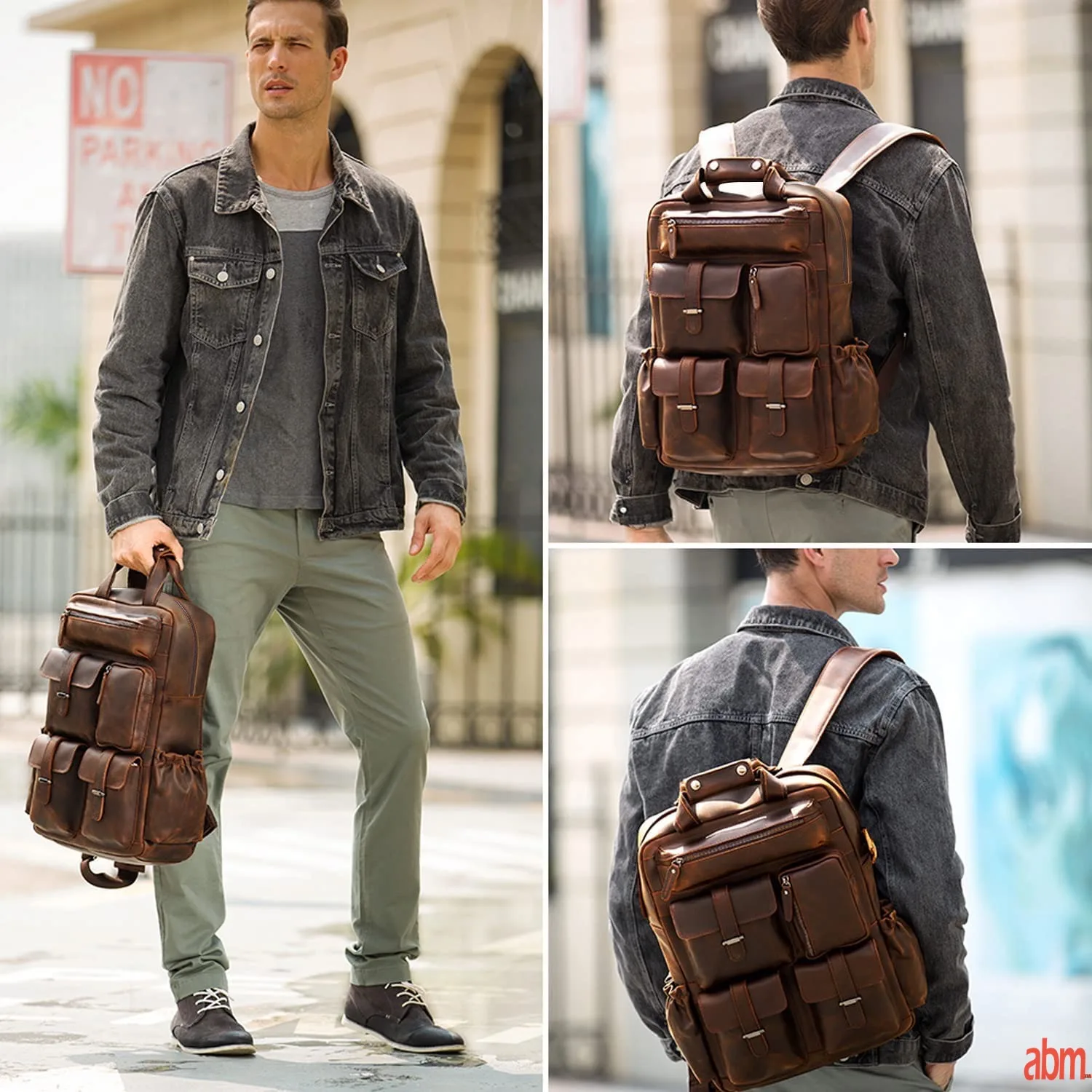 abm Handcrafted Brown Leather Rucksack for Men, Fits 15.6" Laptop - Perfect for School, Travel - Image 7