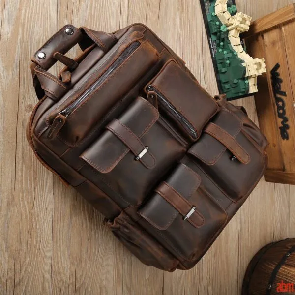 abm Handcrafted Brown Leather Rucksack for Men, Fits 15.6" Laptop - Perfect for School, Travel - Image 4