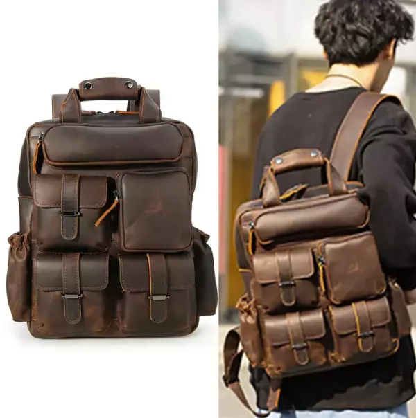 abm Handcrafted Brown Leather Rucksack for Men, Fits 15.6" Laptop - Perfect for School, Travel - Image 3