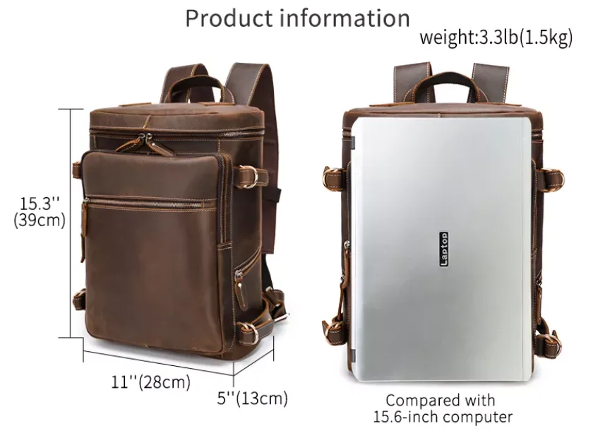 abm Vintage Mens Leather Backpack with 14 inch Laptop Sleeve,School Travel Weekender Tote - Image 2