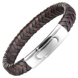 abm Genuine Leather Bracelet - big Woven Brown & Black, 17.8cm, Magnetic Stainless Steel Clasp, Unisex Wrap Cuff (LB048BC)