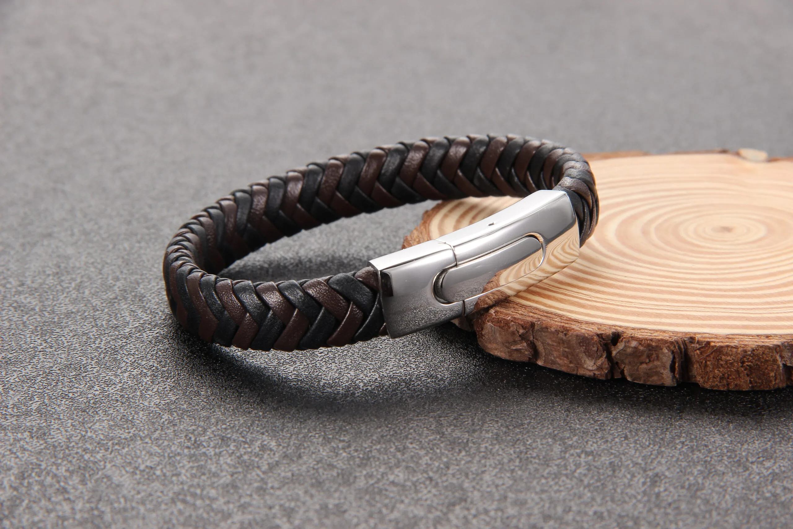 abm Genuine Leather Bracelet - big Woven Brown & Black, 17.8cm, Magnetic Stainless Steel Clasp, Unisex Wrap Cuff (LB048BC) - Image 2
