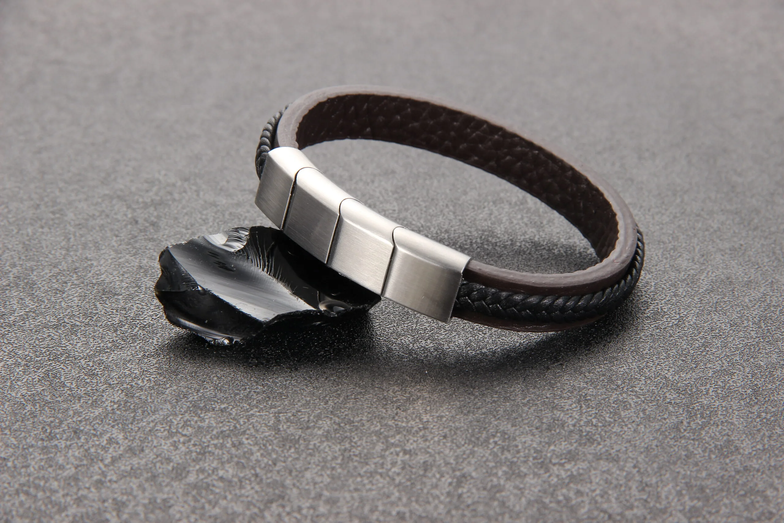 abm Genuine Leather Bracelets - Brown & Black, Adjustable 17.8cm, Stainless Steel Magnetic Clasp, Unisex Wrap Cuff (LB003B) - Image 3