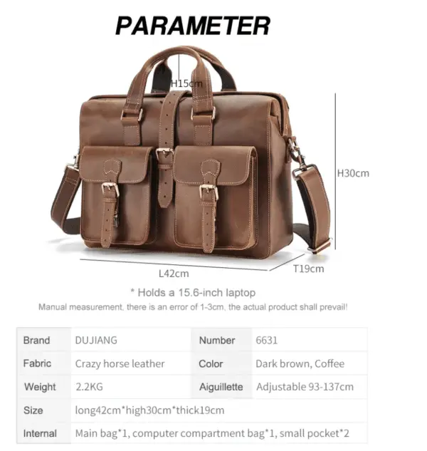 abm Crazy Horse Leather Laptop Messenger Bag - 15.6 Inch Briefcase, Crossbody Shoulder Bag for Business & Office, Unise - Image 4